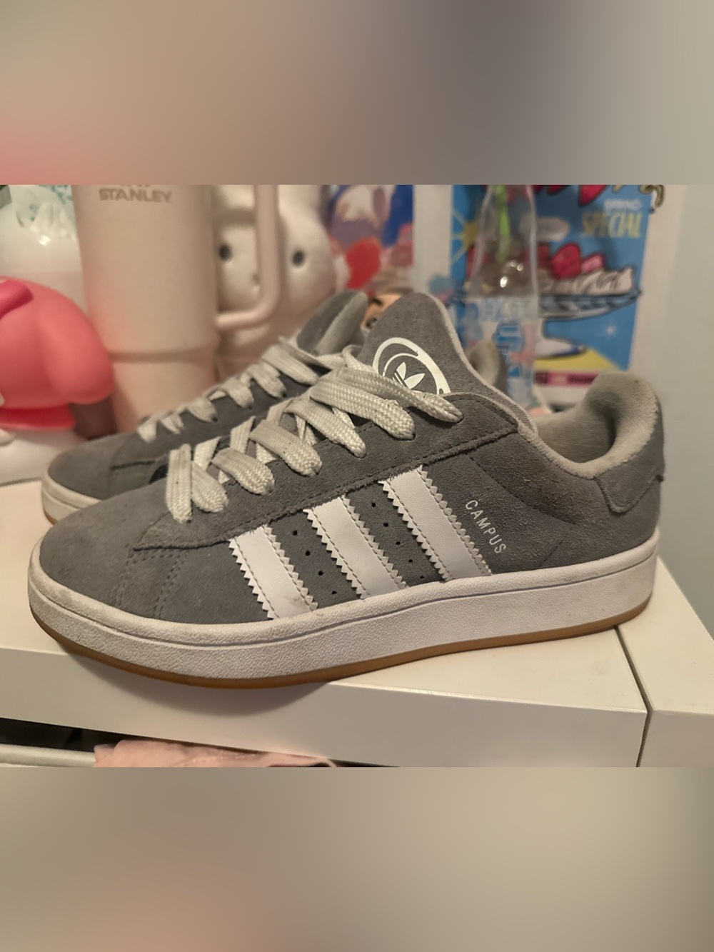 adidas Gray Suede Campus Sneakers with White Stripes
